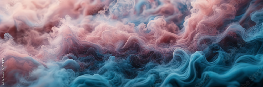 Close-up image revealing the intricate patterns of smoke tendrils in hues of turquoise and azure against a canvas of dusky pink. - obrazy, fototapety, plakaty 