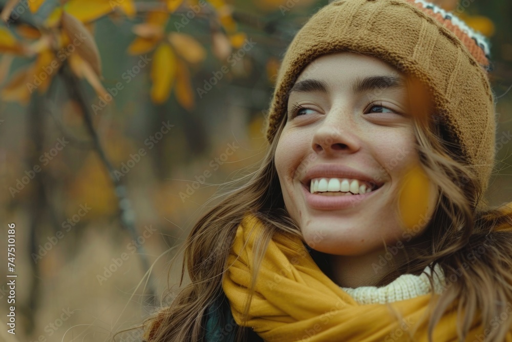 A smiling woman in a yellow scarf and brown hat. Suitable for fashion or lifestyle concepts A smiling woman in a yellow scarf and brown hat. Suitable for fashion or lifestyle concepts