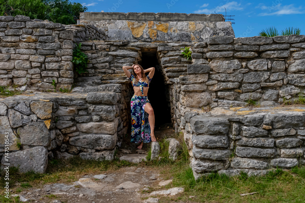 Ethereal Journey: A Young Beauty's Sojourn through Xcambo Mayan Ruins in Telchec, Yucatan, Amidst a Caribbean Oasis