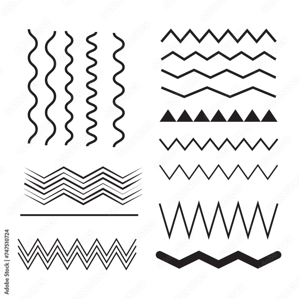 Vector zigzag lines and waves, wavy pattern. Squiggle zig zag frame with wiggle. Curvy undulate parallel borders. Design of squiggly seamless water graphic brushes. Curve sinuous stroke with sine - obrazy, fototapety, plakaty 