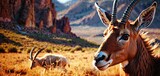 an antelope and a gazelle in a field of grass with mountains in the backgroup.