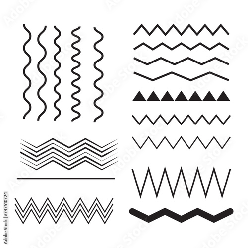 Vector zigzag lines and waves, wavy pattern. Squiggle zig zag frame with wiggle. Curvy undulate parallel borders. Design of squiggly seamless water graphic brushes. Curve sinuous stroke with sine photo