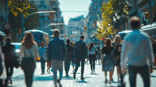 Fototapeta Naklejka Na Ścianę i Meble -  A group of people walking down a city street. Suitable for urban lifestyle concepts