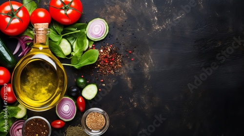Healthy food background with various vegetables ingredients, spoon with oil and peeler, top view
