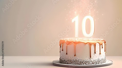 Luxurious birthday white cake in a minimalist style with golden icing topped and decorated with a fireworks candles as a number ten on a white background. photo