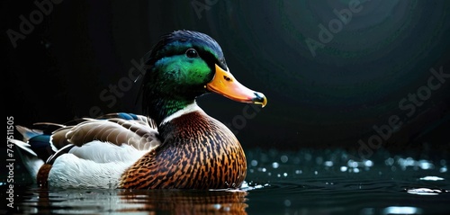 a close up of a duck in a body of water with its wings spread out and it's head above the water's surface. photo