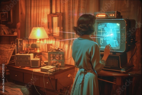 An elegantly dressed woman interacts with a holographic display, a scene reminiscent of classic science fiction, blending vintage aesthetics with futuristic technology.