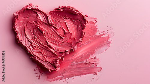 cream blush swatch in the shape of a heart on light pink background, copy space, space for text