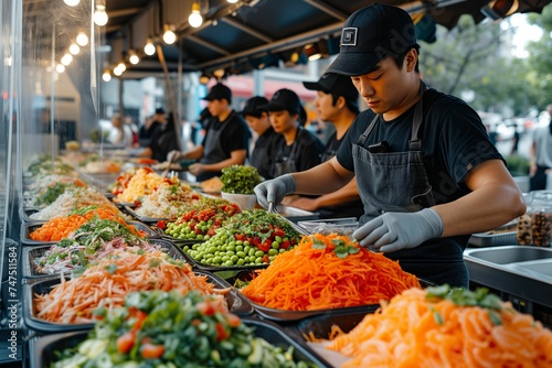 A bustling urban food market scene where a focused worker carefully prepares a dish amidst a colorful array of fresh ingredients, serving up health and flavor in the heart of the city.