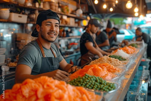 A cheerful male chef in a black apron and cap stands behind a colorful sushi display. The bustling atmosphere of the urban food market is evident as colleagues work diligently in the background.