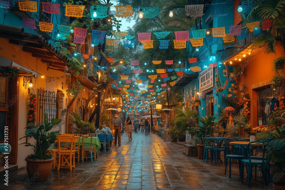 A cobblestone street in Mexico is adorned with colorful papel picado, illuminating a charming market atmosphere at dusk.