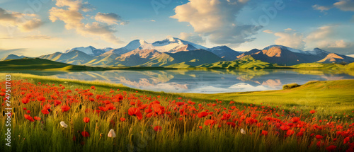 Scenic mountain landscape with a field with green grass and wild red poppies. Beautiful natural image of nature. Copy space © Marina_Nov