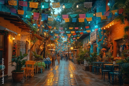 A cobblestone street in Mexico is adorned with colorful papel picado, illuminating a charming market atmosphere at dusk. © Nikolay
