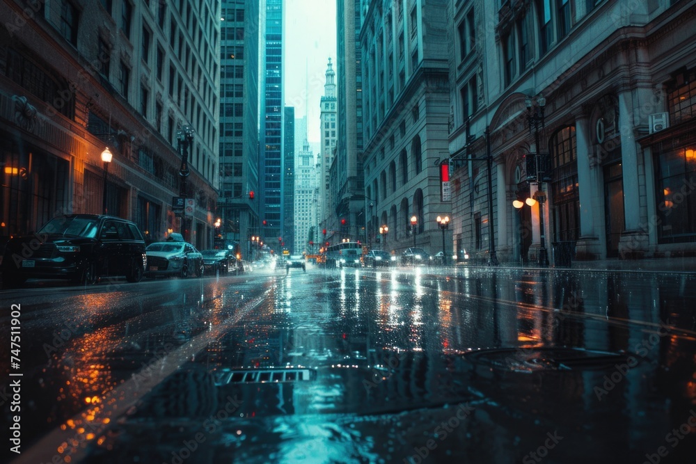 A rainy city street with illuminated buildings and street lights. Suitable for urban and weather-related concepts
