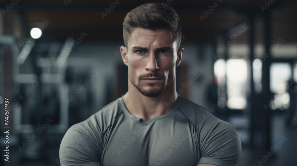 A man standing with his arms crossed in a gym. Suitable for fitness and health promotions