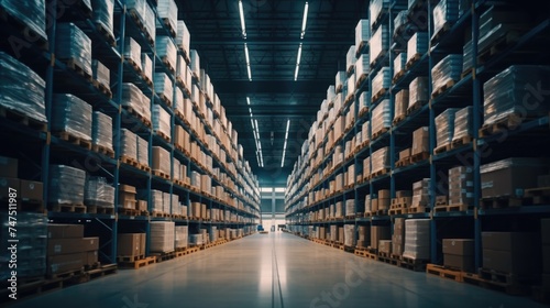 A large warehouse filled with boxes, perfect for logistics and storage concepts photo