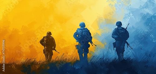 The silhouette of the Ukrainian military on the background of the yellow-blue flag of Ukraine © Vasiliy