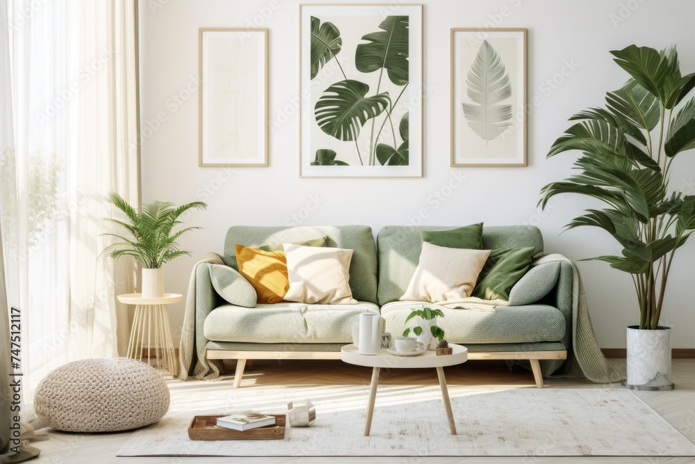 Interior with green couch and plants, suitable for home decor blogs - obrazy, fototapety, plakaty 