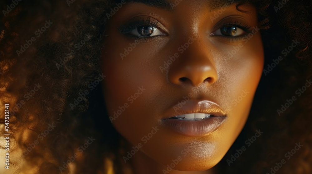 Close up of a woman's face with curly hair, suitable for beauty and fashion concepts Close up of a woman's face with curly hair, suitable for beauty and fashion concepts
