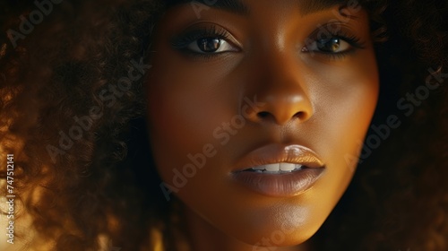 Close up of a woman's face with curly hair, suitable for beauty and fashion concepts