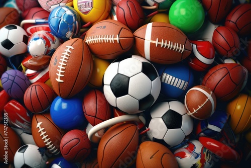 A large pile of assorted sports balls. Perfect for sports and recreation themes photo
