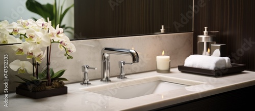 A clean hotel bathroom sink is adorned with a lit candle and delicate flowers placed on its surface. The faucet stands elegantly in the background, adding to the serene ambiance.