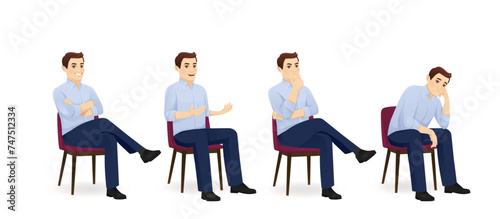 Young business man in blue shirt sitting in the chair half turn view different gestures set isolated vector illustration