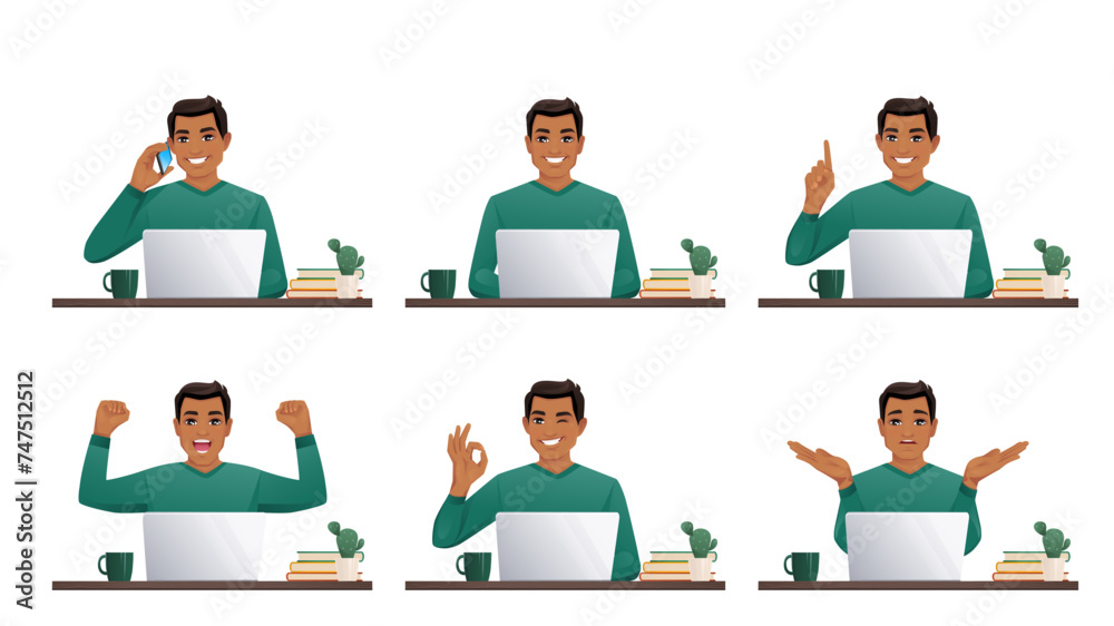 Young business man in green sweater using laptop computer sitting at the desk isolated vector illustration Young business man in green sweater using laptop computer sitting at the desk isolated vector illustration