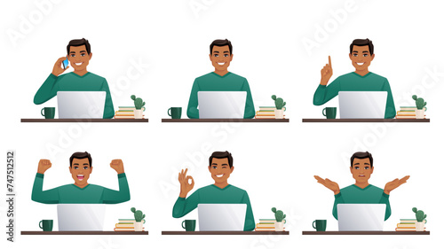 Young business man in green sweater using laptop computer sitting at the desk isolated vector illustration