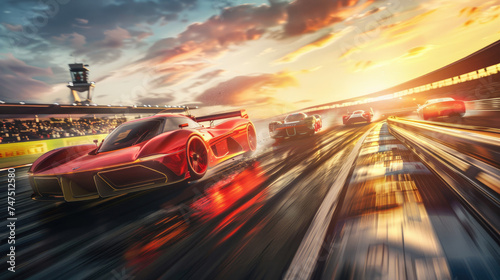 Racing cars speeding on a track at sunset - High-speed racing cars blur on a racetrack with dynamic motion and the glow of sunset in the background, portraying speed and competition © Tida