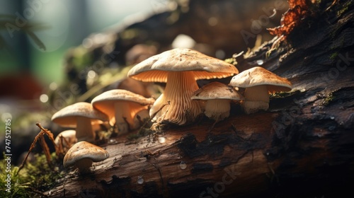 A group of mushrooms sitting on top of a log. Suitable for nature and outdoor themes photo