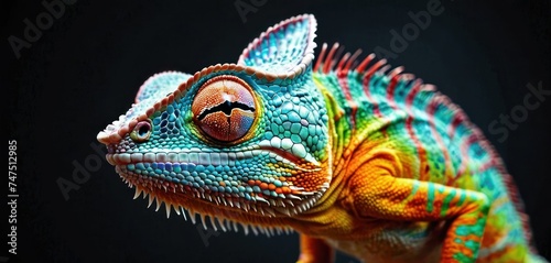 a close up of a colorful chamelon on a black background with a caption in the middle of the image.