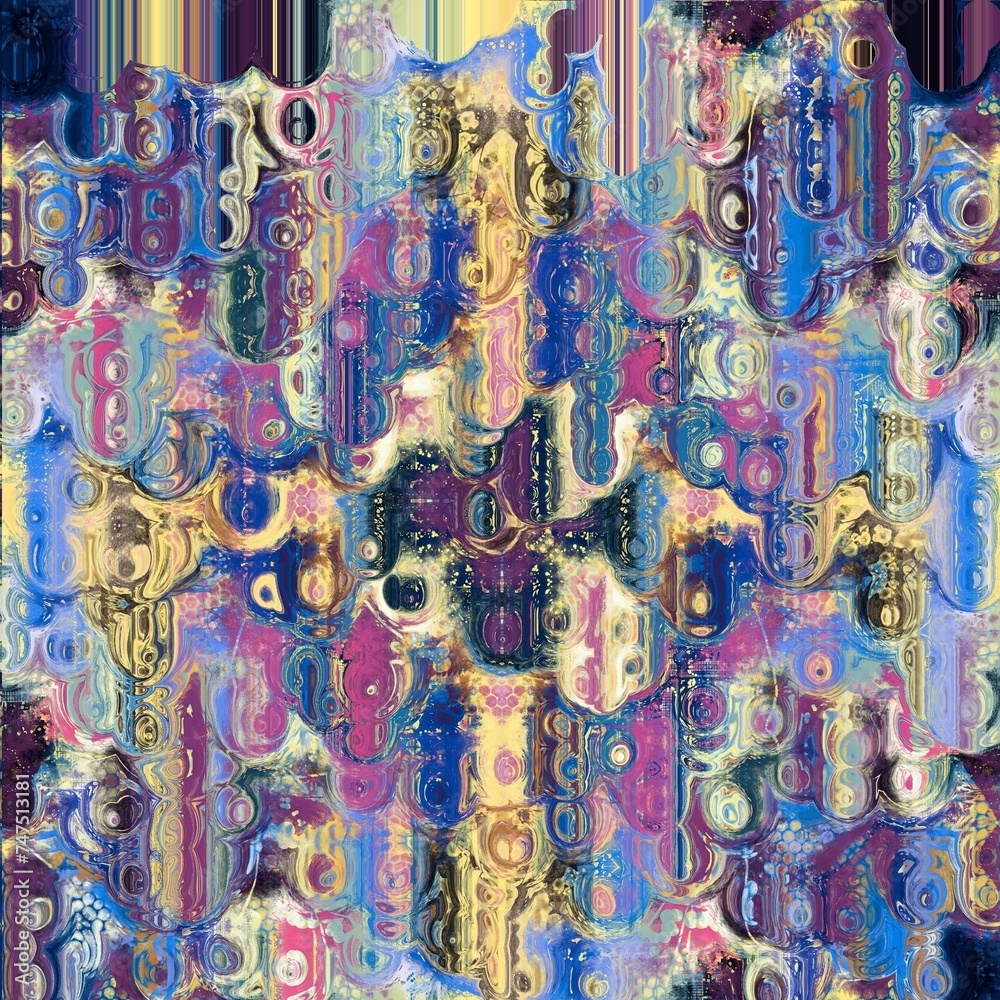 Fluid art. Abstract colorful background. Mixing paints. Modern art. Plum purple, windows blue, jasmine yellow, raspberry rose and dark indigo colors