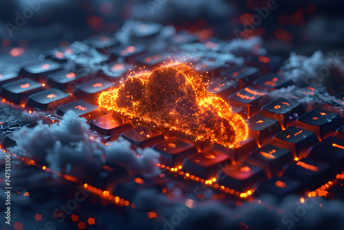 Cloud computing concept with computer keyboard and cloud on dark background