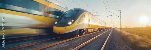 Speeding yellow train on tracks at sunset - A modern high-speed train races along its track, engined by the warm hues of a setting sun in a scenic countryside photo
