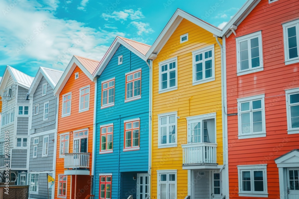 A row of multicolored houses on a sunny day. Perfect for real estate or travel concepts A row of multicolored houses on a sunny day. Perfect for real estate or travel concepts