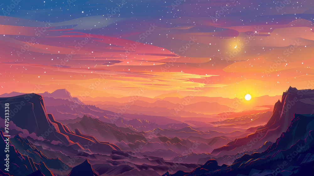 Stunning sunset over layered mountain ranges - A breathtaking digital art illustration showcasing vibrant sunset hues blending into a starry twilight sky over cascading mountains
