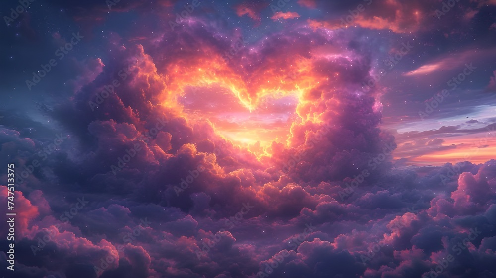 Fantasy scene in the sky. Multi-colored clouds in the shape of a heart. The concept of love for creativity, sublime love between people, being in the feeling of being in love. Airy love. - obrazy, fototapety, plakaty 