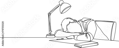 continuous single line drawing of overworked man sleeping at office desk, line art vector illustration