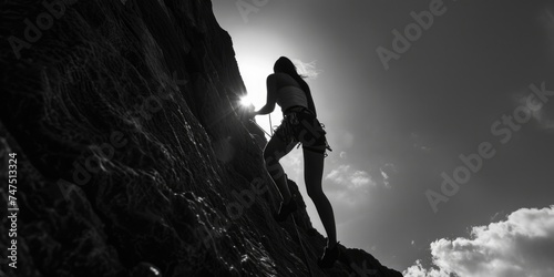 A woman scaling the side of a mountain, suitable for outdoor and adventure themes.