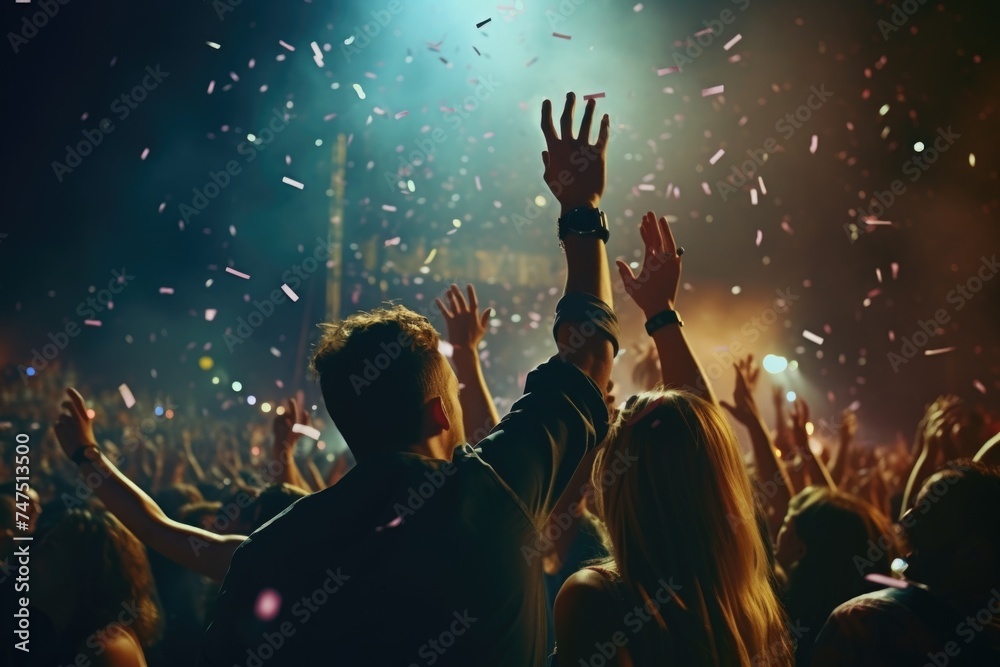 A lively concert crowd with hands raised. Ideal for music events promotion