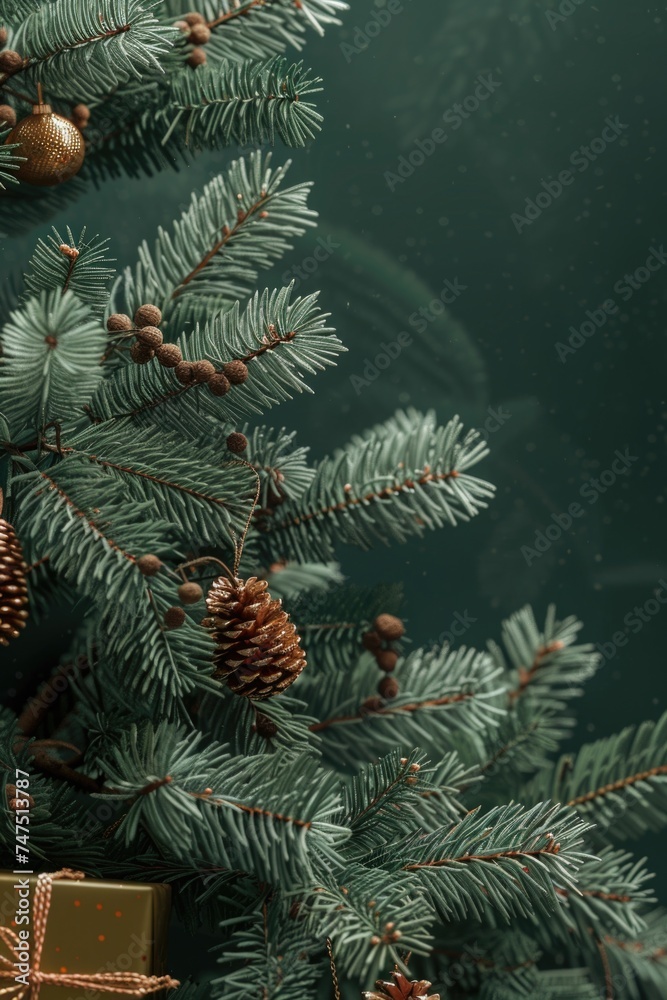 A beautiful Christmas tree adorned with a gift and pine cones. Perfect for holiday concepts