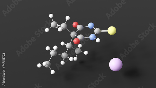 sodium thiopental molecular structure, barbiturate general anesthetic, ball and stick 3d model, structural chemical formula with colored atoms