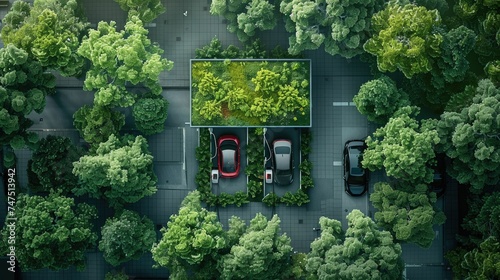 Aerial view of electric cars charging in designated spots surrounded by lush urban greenery, symbolizing sustainable transportation.
