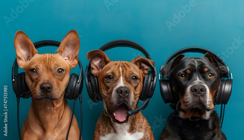 call center of cats and dogs  in a blue background  smiling