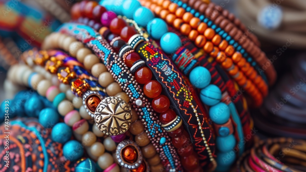 vibrant close-up of an eclectic mix of beaded bracelets, featuring a rich tapestry of colors, textures, and ethnic patterns vibrant close-up of an eclectic mix of beaded bracelets, featuring a rich tapestry of colors, textures, and ethnic patterns