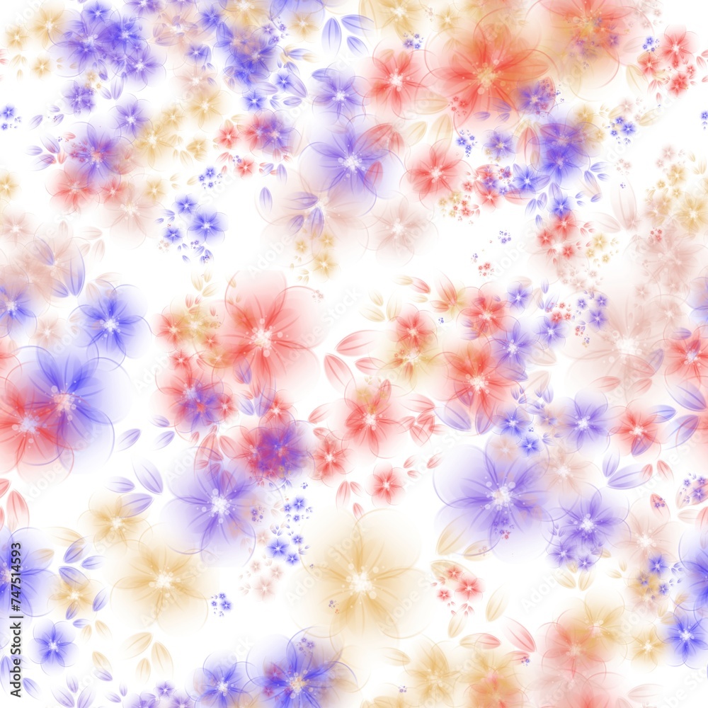 Peach, valentine red, cavern pink and dark pastel purple transparent flowers on the white background. Seamless hand drawn pattern for wrapping, textile, print Peach, valentine red, cavern pink and dark pastel purple transparent flowers on the white background. Seamless hand drawn pattern for wrapping, textile, print