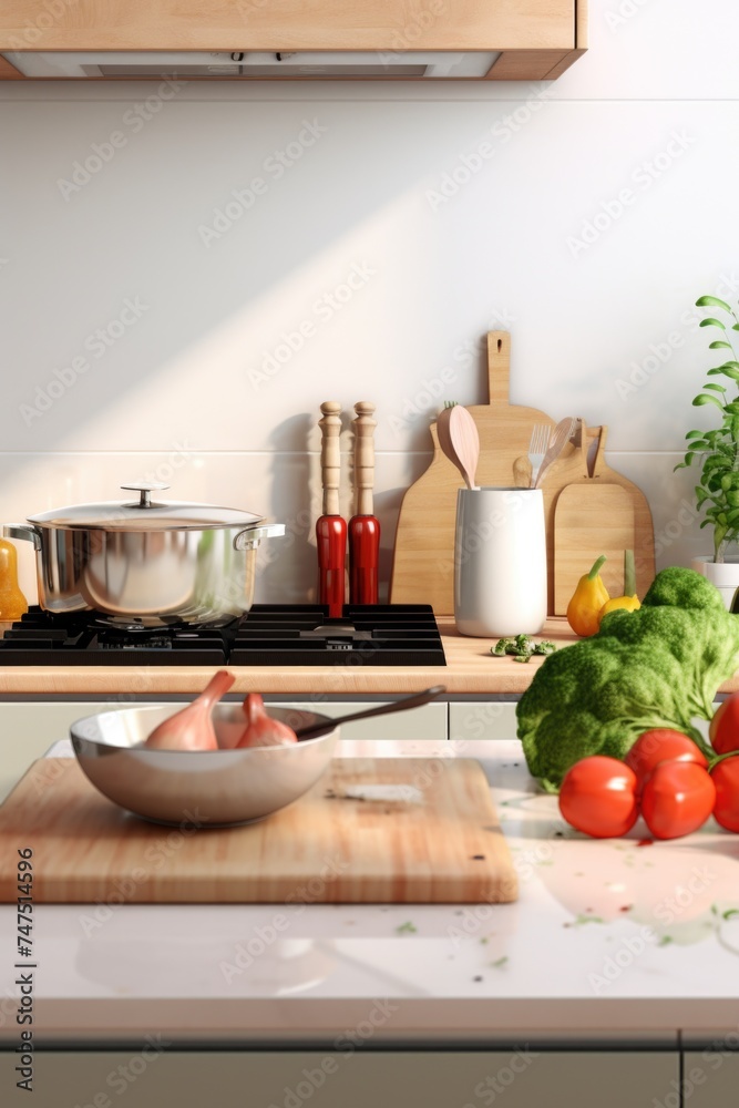 A kitchen counter with a bowl of food. Perfect for food blogs or recipe websites A kitchen counter with a bowl of food. Perfect for food blogs or recipe websites