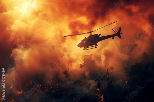 Helicopter flying over forest fire at dusk. Wildfire and ecology disaster concept. Fire department, emergency response, rescue operations. Design for banner, poster