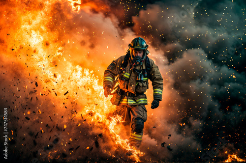 Firefighter runs through fire and smoke. Fire department, emergency response, rescue operations concept. Heroism and bravery. Design for banner, poster